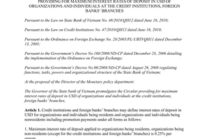 Circular No.14/2013/TT-NHNN maximum interest rates of deposit in USD