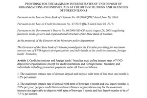 Circular No.15/2013/TT-NHNN maximum interest rates of VND deposit