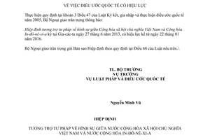 Thông báo 07/2016/TB-LPQT hiệu lực hiệp định tương trợ tư pháp hình sự Việt Nam In-đô-nê-xi-a