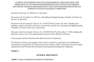 Circular No. 91/2013/TT-BTC organization operation of Vietnam-based representative offices of foreign securities trading organizations