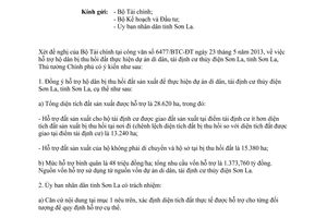 Công văn 883/TTg-KTN năm 2013 hỗ trợ hộ dân bị thu hồi đất tại Sơn La