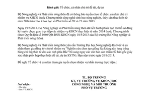 Công văn 2881/BNN-KHCN bổ sung văn bản trong hồ sơ tuyển chọn nhiệm vụ khoa học