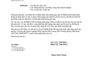 Công văn 722/KTKĐCLGD-KĐĐH năm 2013 cảnh báo việc mạo danh cán bộ Cục Khảo thí