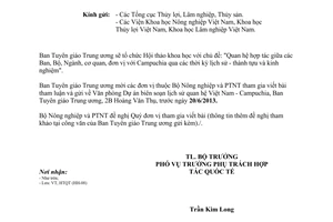 Công văn 2556/BNN-HTQT năm 2013 tham gia viết bài Hội thảo khoa học về Campuchia