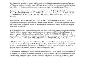 Official Dispatch No.7444/BTC-TCHQ exemption of import tax machines equipment