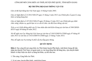 Quyết định 1494/QĐ-BGTVT năm 2013 công bố mở cảng biển An Thới Kiên Giang