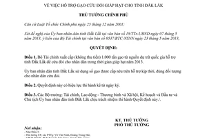 Quyết định 848/QĐ-TTg năm 2013 hỗ trợ gạo cứu đói giáp hạt cho tỉnh Đắk Lắk