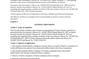 Circular No. 75/2013/TT-BTC guiding in details on lottery business operation