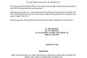 Thông báo hiệu lực Hiệp định hợp tác khoa học công nghệ giữa Việt Nam và Ô-xtơ-rây-li-a