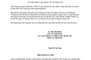 Thông báo hiệu lực Hiệp định quản lý nguồn nước phát triển đô thị biến đổi khí hậu Hà Tĩnh Ninh Thuận Bình Thuận