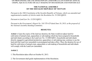 Resolution No. 49/2013/QH13 on prolonging the use duration of land for cultivation of annual crops