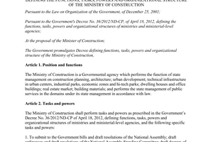 Decree No. 62/2013/ND-CP functions tasks powers organizational structure of the ministry of Construction