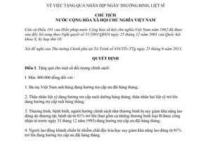Quyết định 1142/QĐ-CTN tặng quà nhân dịp ngày thương binh liệt sĩ năm 2013