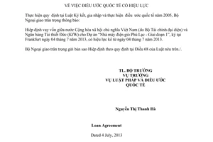 Thông báo hiệu lực Hiệp định vay vốn Dự án Nhà máy điện gió Phú Lạc Việt Nam - KfW