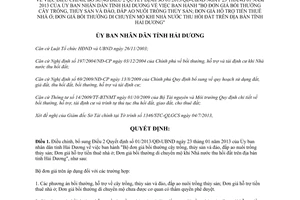 Quyết định 10/2013/QĐ-UBND điều chỉnh 01/2013/QĐ-UBND đơn giá bồi thường cây trồng thủy sản Hải Dương
