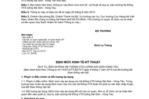 Thông tư 13/2013/TT-BGTVT Định mức kinh tế kỹ thuật hệ thống VTS Sài Sòn Vũng Tàu