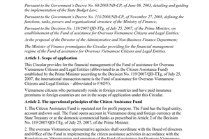 Circular No.92/2013/TT-BTC Fund of assistance for Overseas Vietnamese Citizens and Legal Entities