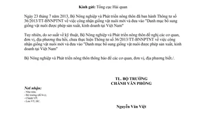 Công văn 3470/BNN-VP thu hồi Thông tư 36/2013/TT-BNNPTNT công nhận giống vật nuôi mới