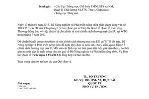 Công văn 3060/BNN-HTQT phiên rà soát chính sách thương mại của EU tại WTO 2013