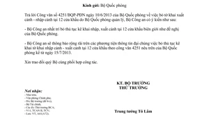 Công văn 2634/BCA-A61 2013 bỏ tờ khai xuất nhập cảnh cửa khẩu Bộ Quốc phòng