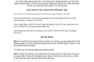 Quyết định 1184/QĐ-UBND 2013 Danh mục văn bản quy phạm từ 1976 đến 2012 hết hiệu lực Bến Tre