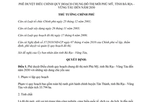 Quyết định 1113/QĐ-TTg năm 2013 điều chỉnh quy hoạch chung đô thị mới Phú Mỹ Bà Rịa