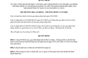 Quye1t định 1019/QĐ-BLĐTBXH năm 2013 công bố Danh mục văn bản Bộ Lao động hết hiệu lực