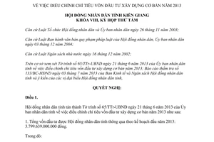 Nghị quyết 08/2013/NQ-HĐND điều chỉnh chỉ tiêu vốn đầu tư xây dựng cơ bản năm 2013 Kiên Giang