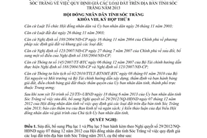 Nghị quyết 03/2013/NQ-HĐND sửa đổi Nghị quyết 29/2012/NQ-HĐND giá đất Sóc Trăng 2013