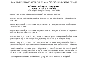 Nghị quyết 05/2013/NQ-HĐND phí trông giữ xe đạp xe máy ô tô Cà Mau