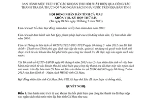 Nghị quyết 02/2013/NQ-HĐND trích khoản thu hồi qua thanh tra nộp vào ngân sách Cà Mau