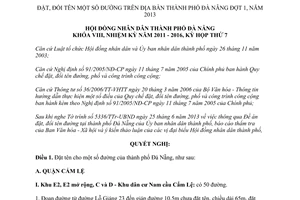 Nghị quyết 42/2013/NQ-HĐND đặt đổi tên đường thành phố Đà Nẵng năm 2013