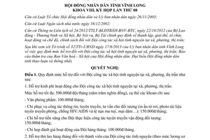 Nghị quyết 75/2013/NQ-HĐND hỗ trợ Đội công tác xã hội tình nguyện xã phường Vĩnh Long