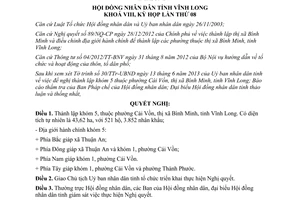 Nghị quyết 68/NQ-HĐND 2013 thành lập khóm 5 phường Cái Vồn thị xã Bình Minh Vĩnh Long