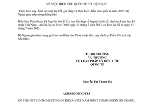 Thông báo 39/2013/TB-LPQT hiệu lực Thỏa thuận hợp tác kinh tế văn hóa khoa học kỹ thuật Việt Nam Ấn Độ