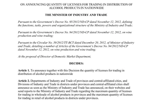 Decision No. 4835/QD-BCT quantity of licenses for trading in distribution of alcohol products