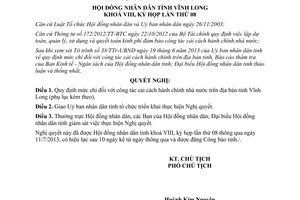 Nghị quyết 74/2013/NQ-HĐND chi đối với công tác cải cách hành chính nhà nước Vĩnh Long