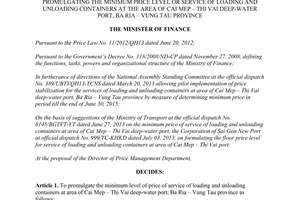 Decision No. 1661/QD-BTC minimum level of price of service of loading and unloading containers