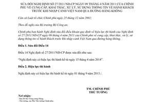 Nghị định 75/2013/NĐ-CP sửa đổi Nghị định 27/2011/NĐ-CP về thông tin hành khách tnhập cảnh