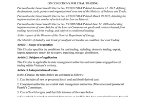 Circular No.14/2013/TT-BCT on conditions for coal trading