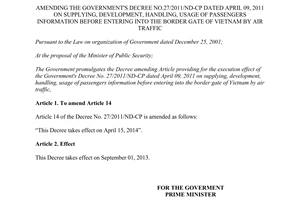 Decree No. 75/2013/ND-CP amending 27/2011/ND-CP handling usage of passengers information