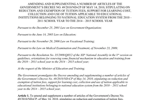 Decree No.74/2013/ND-CP amending No. 49/2010/ND-CP reduction and exemption of tuition fees