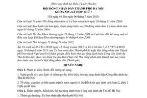 Nghị quyết 10/2013/NQ-HĐND thẩm quyền thủ tục tặng danh hiệu công dân danh dự Hà Nội