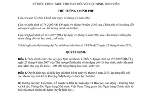 Quyết định 1196/QĐ-TTg năm 2013 điều chỉnh mức cho vay đối với học sinh sinh viên