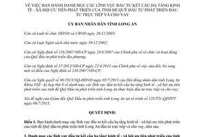 Quyết định 26/2013/QĐ-UBND danh mục lĩnh vực đầu tư kết cấu hạ tầng kinh tế xã hội Long An