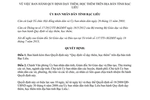 Quyết định 15/2013/QĐ-UBND dạy học thêm Bạc Liêu