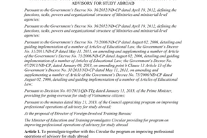 Circular No. 29/2013/TT-BGDDT program on improving professional operations of advisory for study abroad