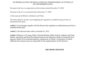 Decision 45/2013/QD-TTg on promulgating the regulation on administering activities at inland border gates