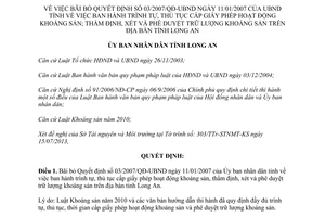 Quyết định 2586/QĐ-UBND 2013 bãi bỏ thủ tục cấp phép hoạt động khoáng sản Long An
