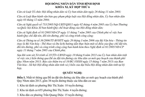Nghị quyết 08/NQ-HĐND 2013 đặt tên đường khu dân cư mới Quy Nhơn Bình Định